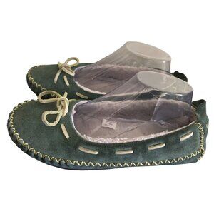L.L.Bean Womens Green Suede Moccasin Slippers Size 8 Medium With Fleece Lining &